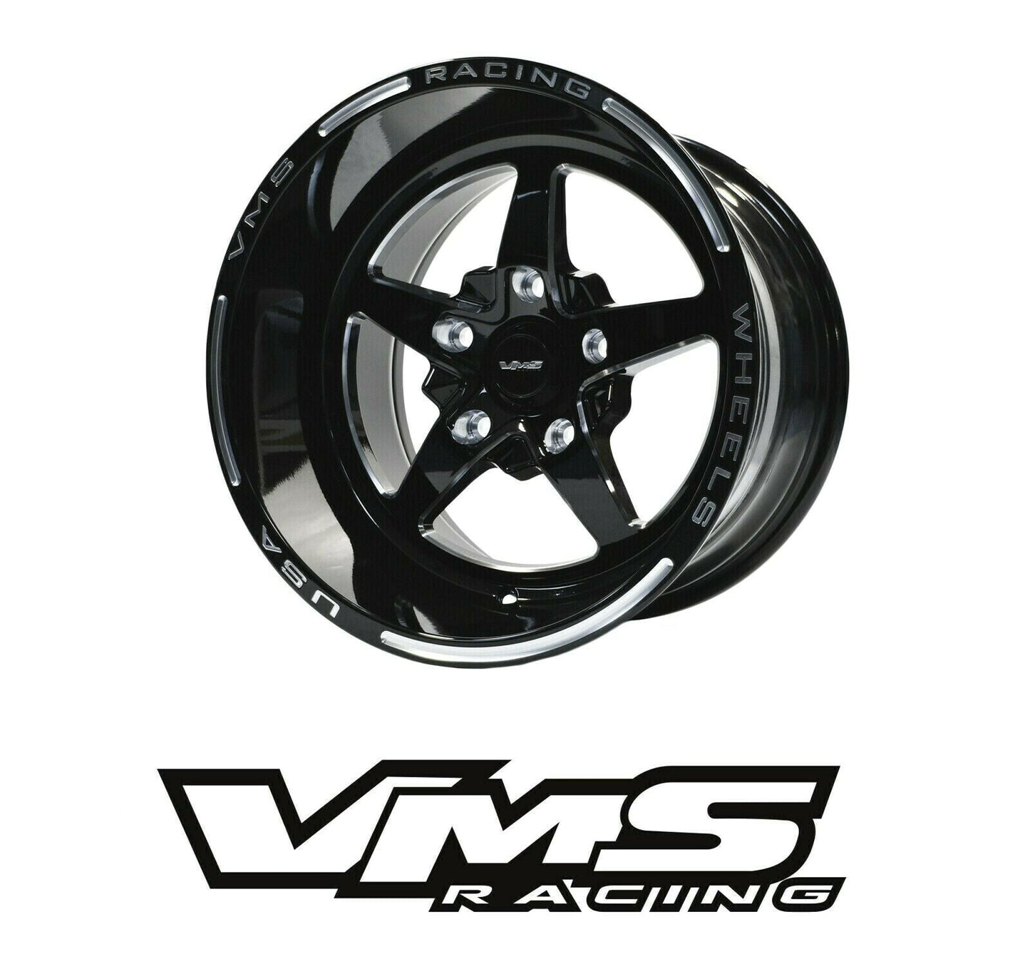VMS Racing Drag Pack Black Milled 5 Lug V Star 5 Spoke Wheel Rim 15X10 & 17x4.5 5X120.7 (5X4.75