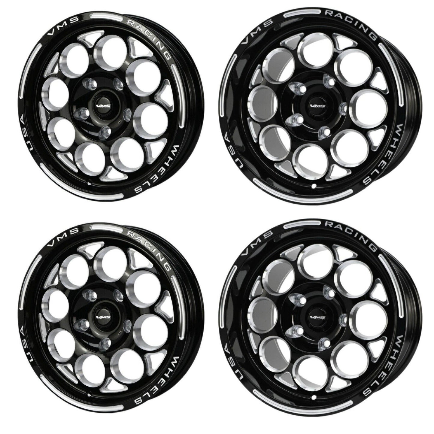 VMS Racing Drag Pack Modulo Black Milled Wheels Rim 15X10 & 15x3.5 5X120 (5X4.75
