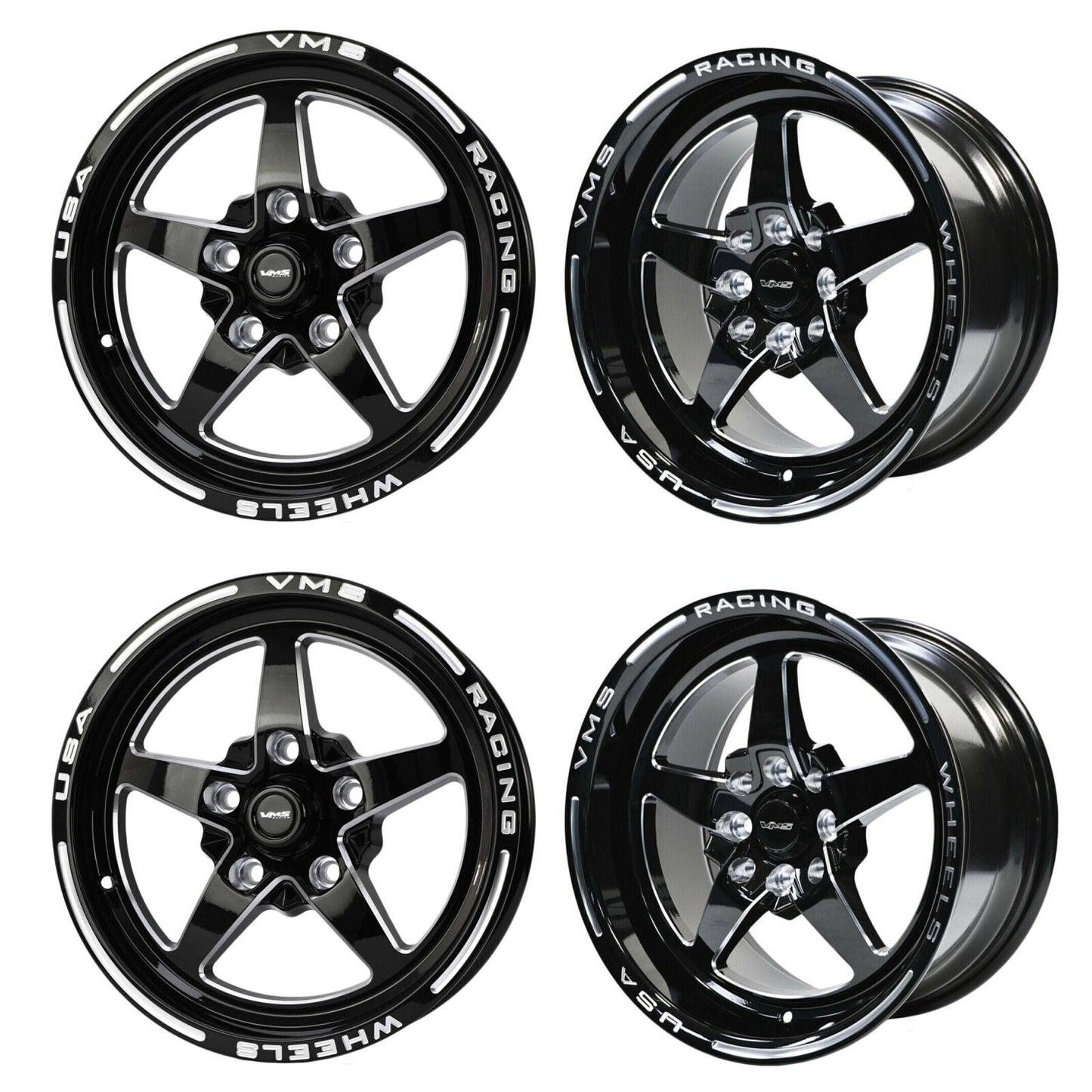 VMS Racing Black Milled Drag Pack V-Star 5 lug 15x3.5 & 15x8 5x114.3 (5x4.5") 5.3” BS