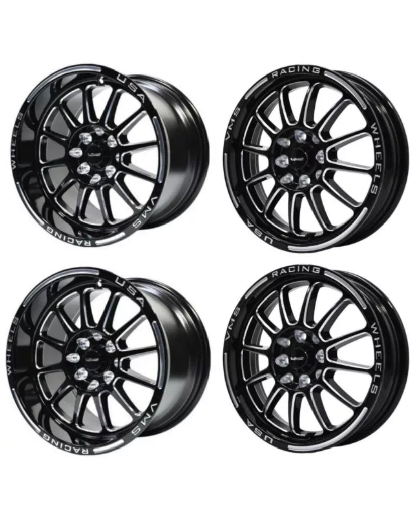 VMS Racing Black Hawk Drag Pack Rims Wheels 15x8 & 15x3.5 4 X100 4x114.3 +20 & +10