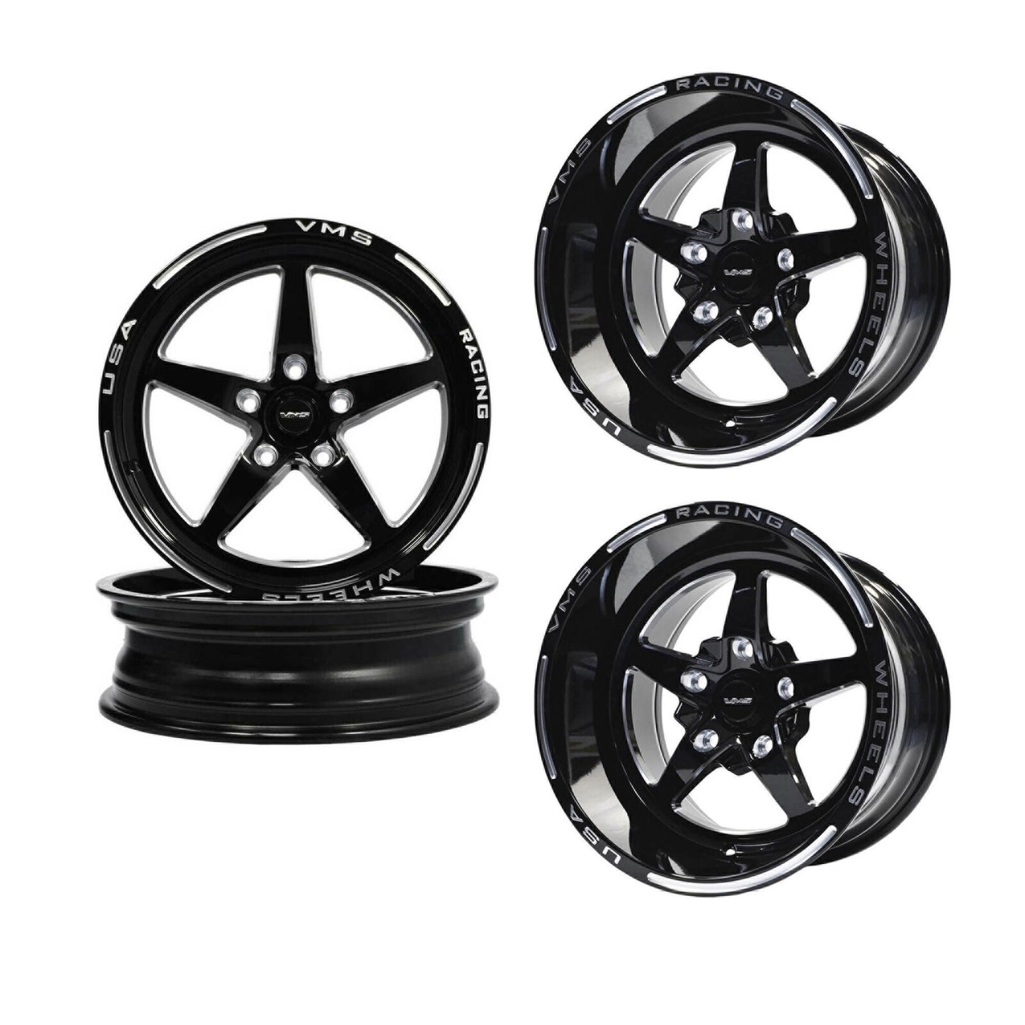 VMS Racing Street Drag Pack V Star 5 Spoke Wheel Rim 15X10 & 17x4.5 5X114.3 (5X4.5") -25 ET (4.5" BS)
