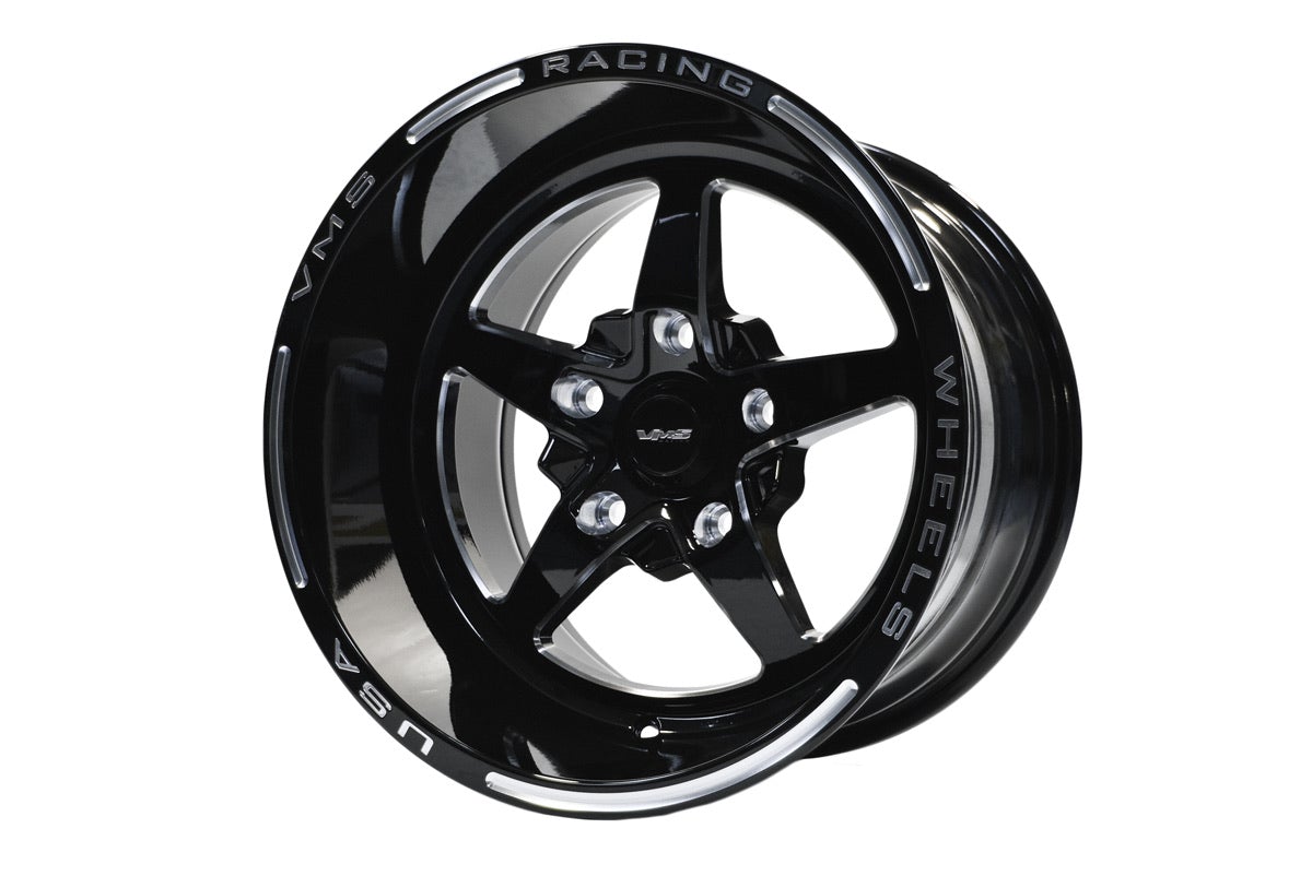 VMS Racing Drag Pack Black Milled 5 Lug V Star 5 Spoke Wheel Rim 15X10 & 15x3.5 5X120.7 (5X4.75") -25 ET (4.5" BS)
