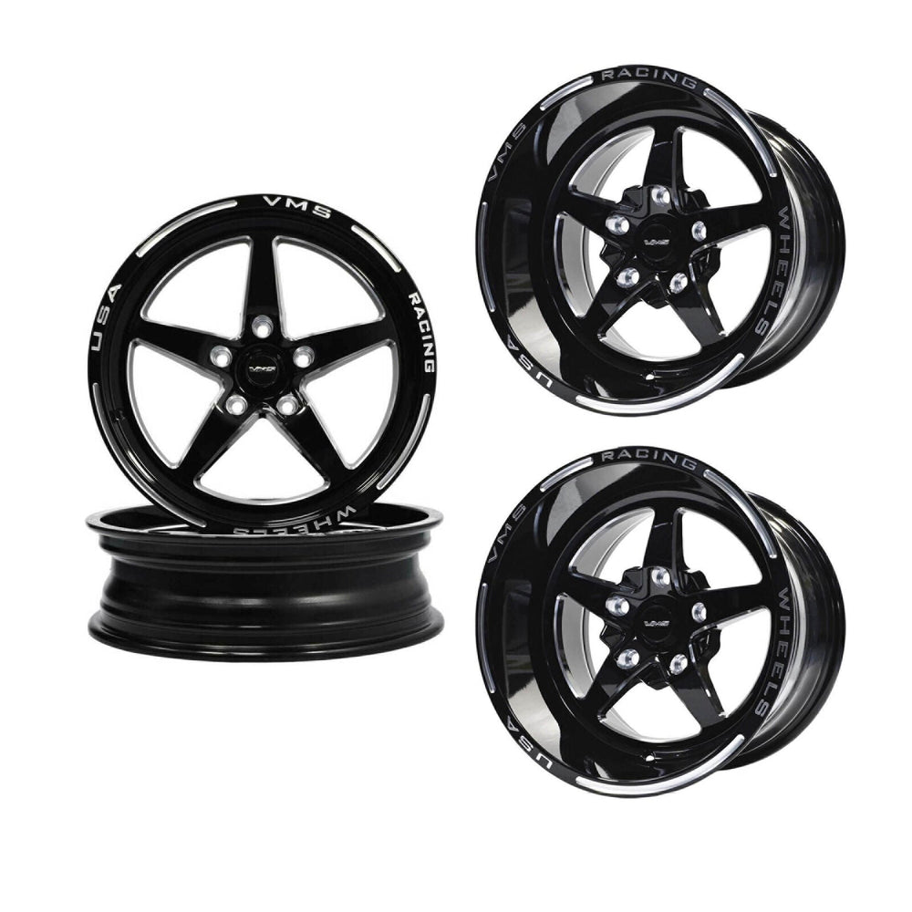 VMS Racing Drag Pack Black Milled 5 Lug V Star 5 Spoke Wheel Rim 15X10 & 17x4.5 5X120.7 (5X4.75