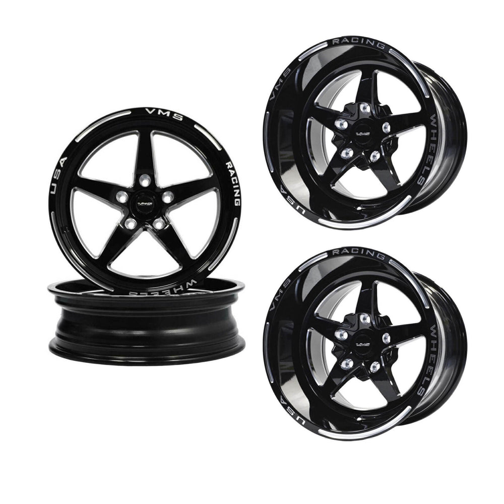 VMS Racing Drag Pack Black Milled 5 Lug V Star 5 Spoke Wheel Rim 15X10 & 17x4.5 5X120.7 (5X4.75
