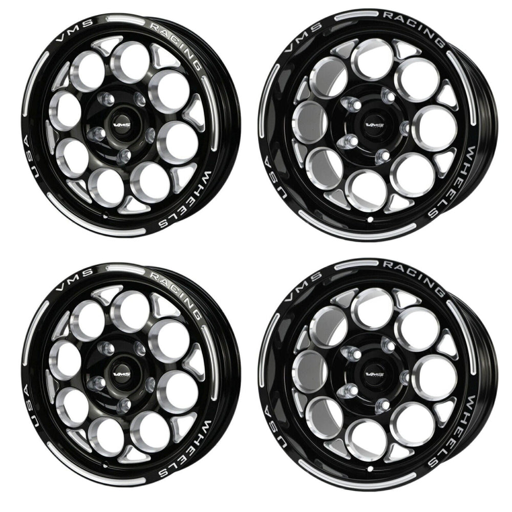 VMS Racing Drag Pack Modulo Black Milled Wheels Rim 15X10 & 15x3.5 5X114.3 (5X4.5